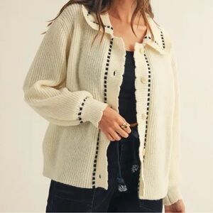 Cream Knit Cardigan with Contrast Trim – Button Front | Size M